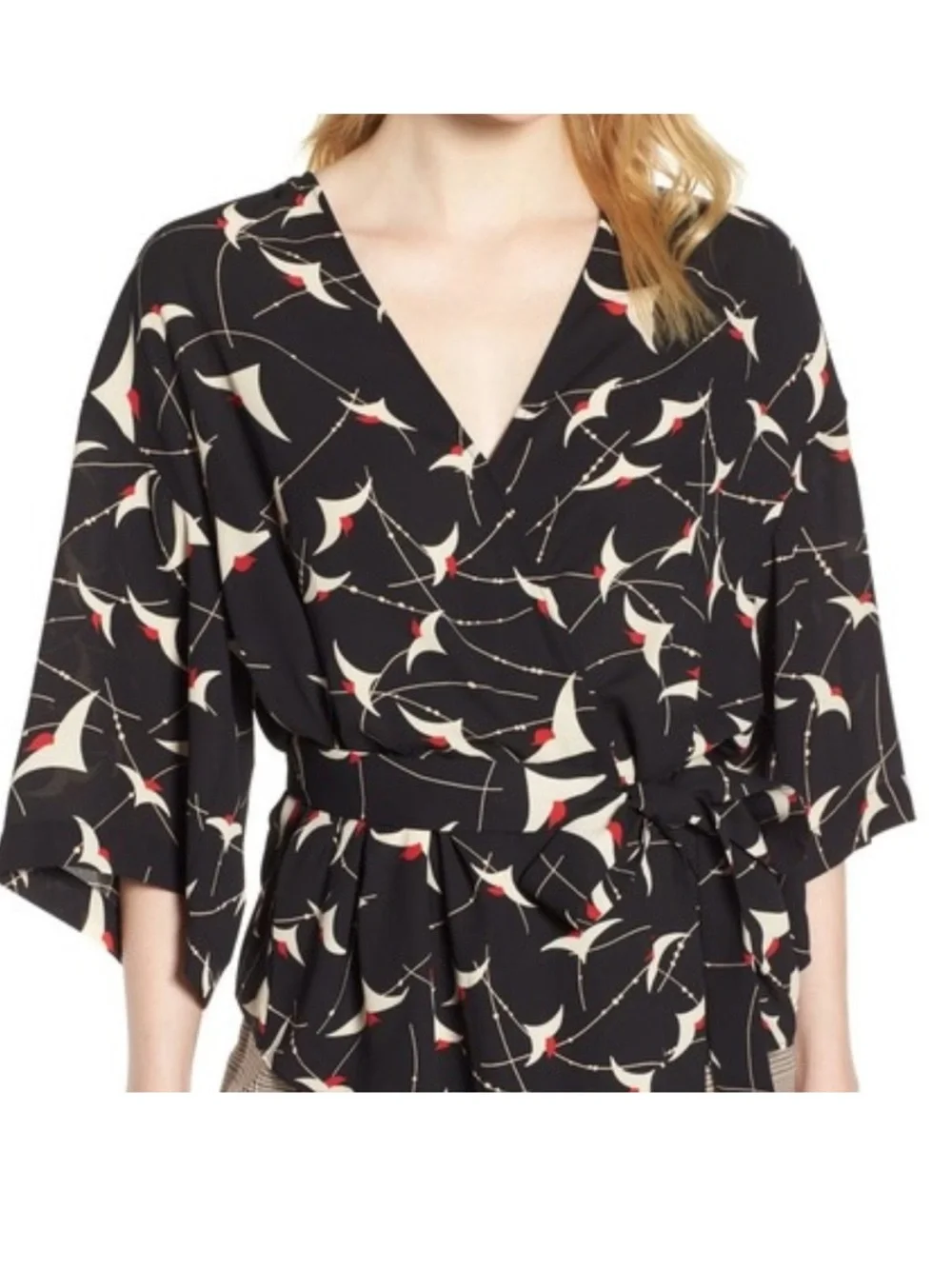 Trouvé Black Wrap Kimono Top with Cream and Red Print